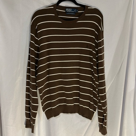 Polo Ralph Lauren Brown Cream Horizontal Stripe Sweater Sz XL 26 1/2”L